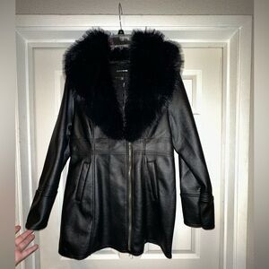 Black faux leather and faux fur coat
